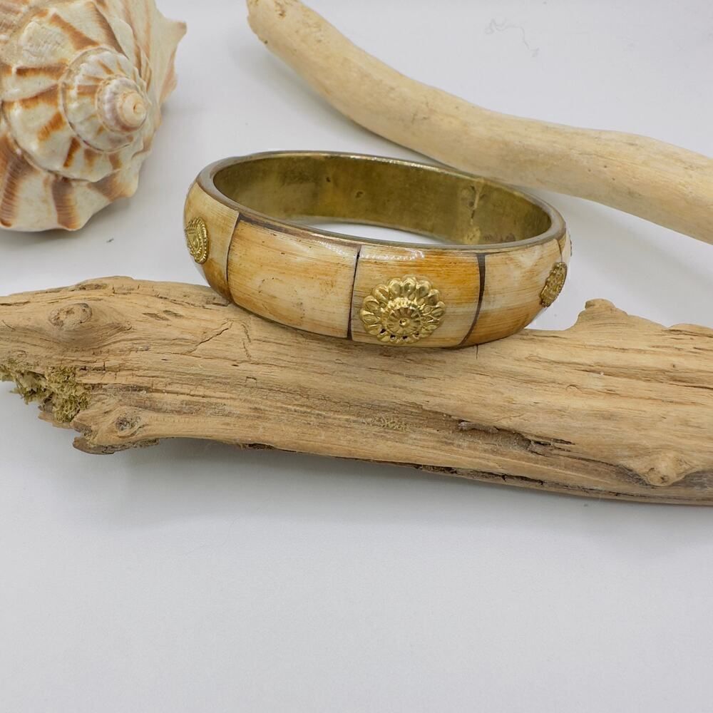 Vintage Brass Bone Inlay Bangle Bracelet